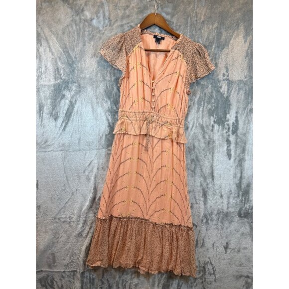 Paige Womens XS Peach Print Ruffle Midi Dress Silk - Picture 3 of 8